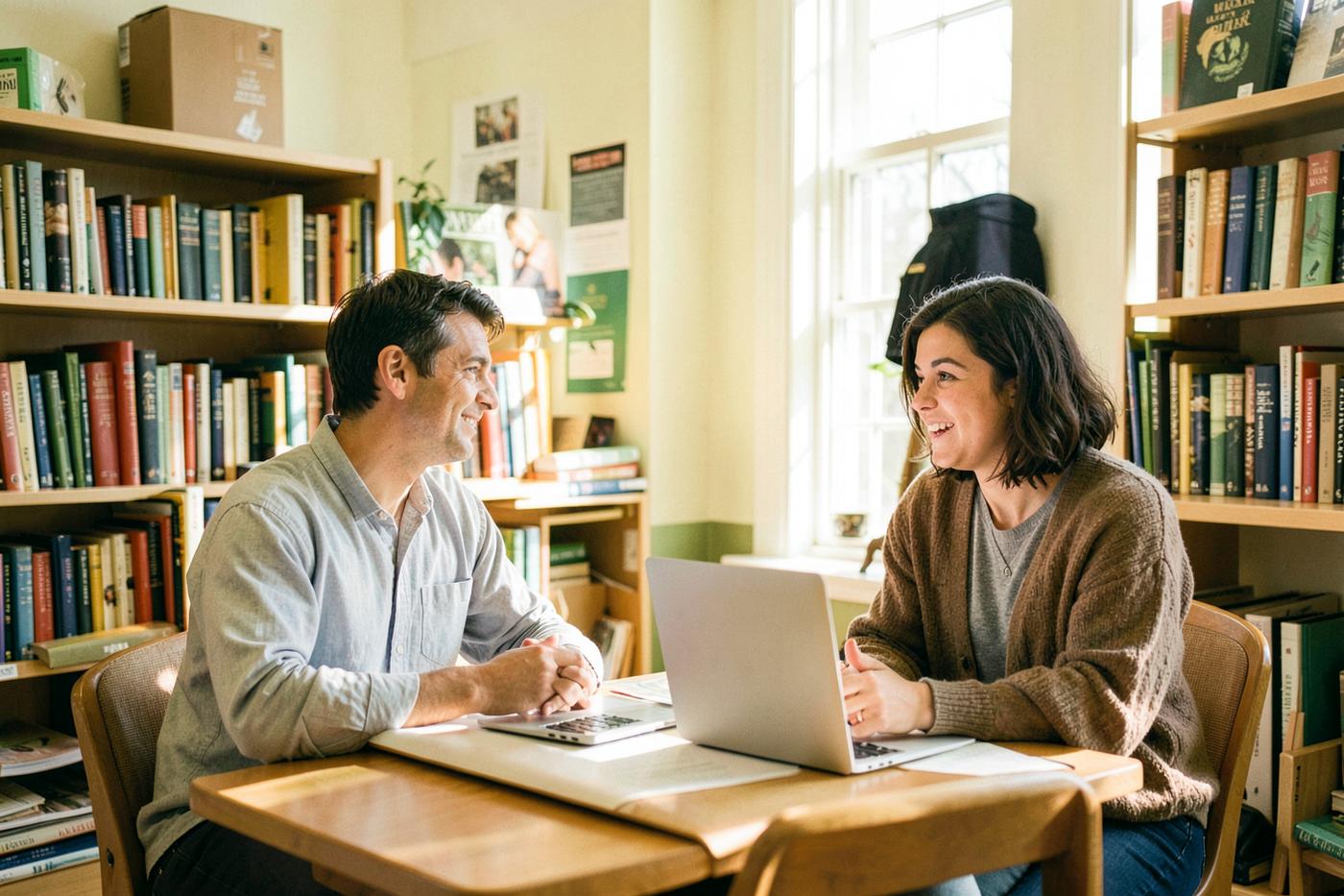 An instructional design mentor and a student working together in a library