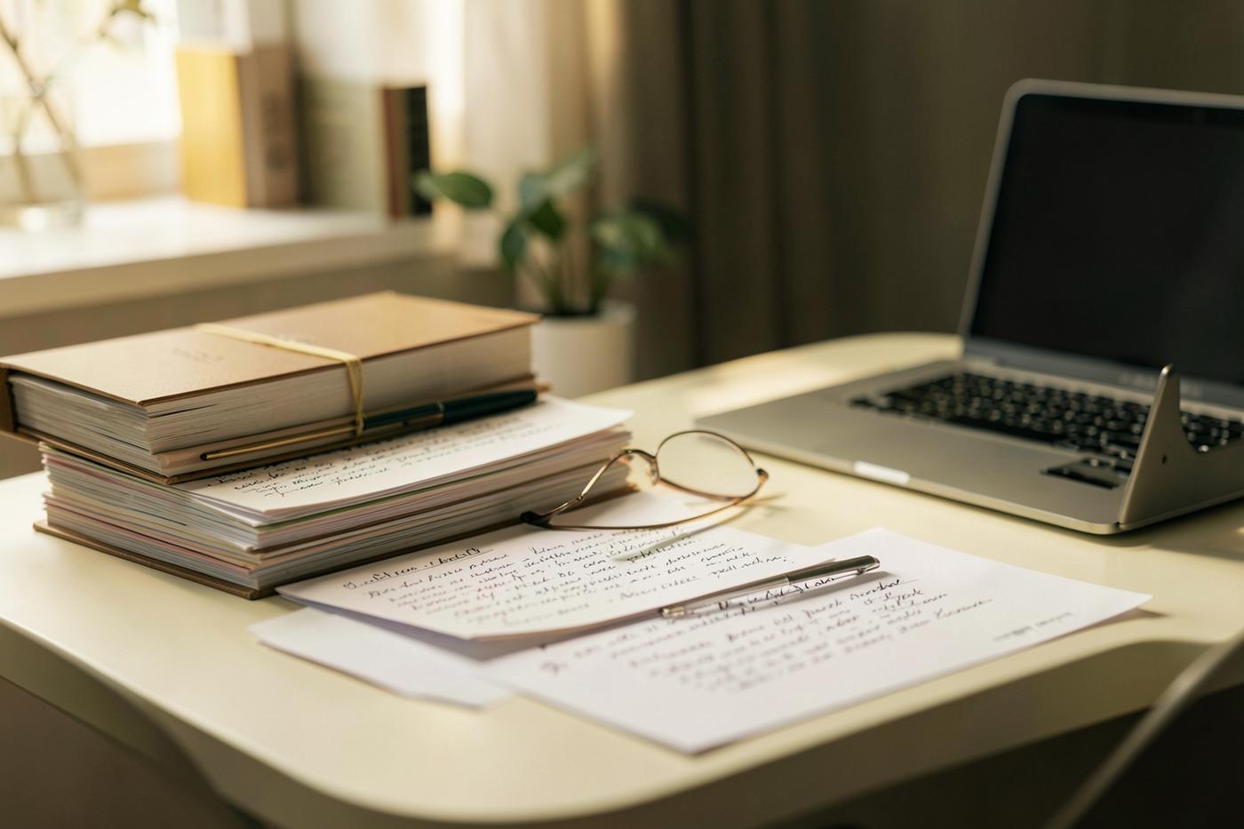 A quiet study desk with journals, notes, and a laptop